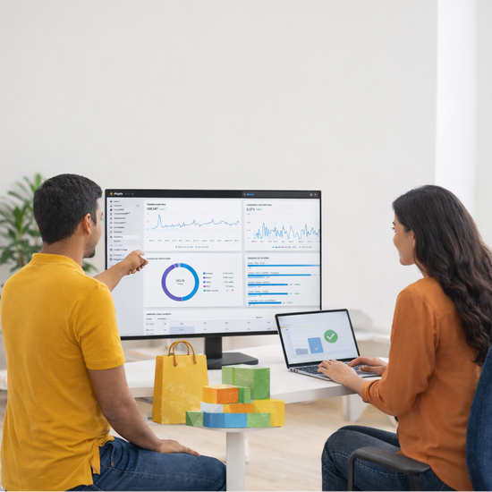 Two people working together on a computer screen displaying graphs and data.